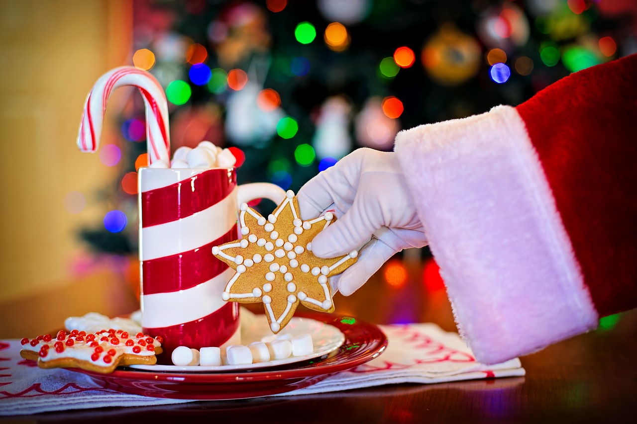 santa claus, hot chocolate, christmas cookies